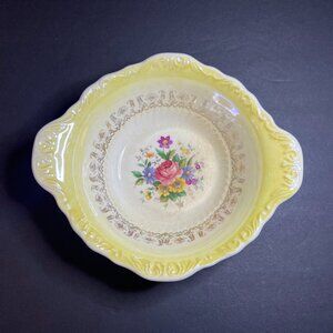 Vintage Cronin Minerva Ohio Yellow Ceramic Floral Print Bowl w/ Built in Handles